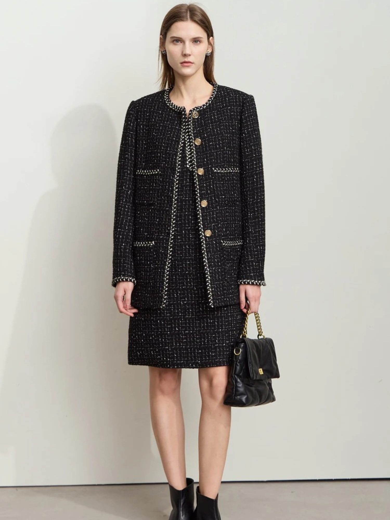 Damen Tweedjacke Rundhalsausschnitt Zierborte - Norvielle