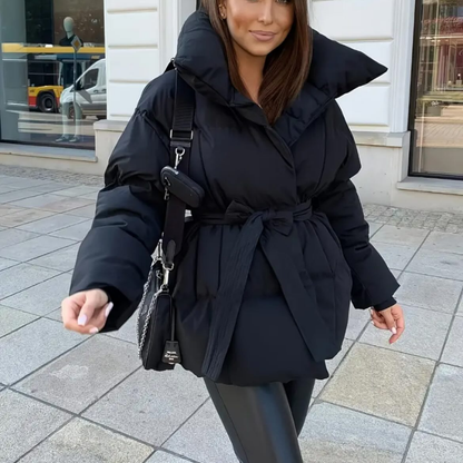 Norvielle Damen Winterkurzjacke Tailliert Schwarz Mit Gürtel - Norvielle