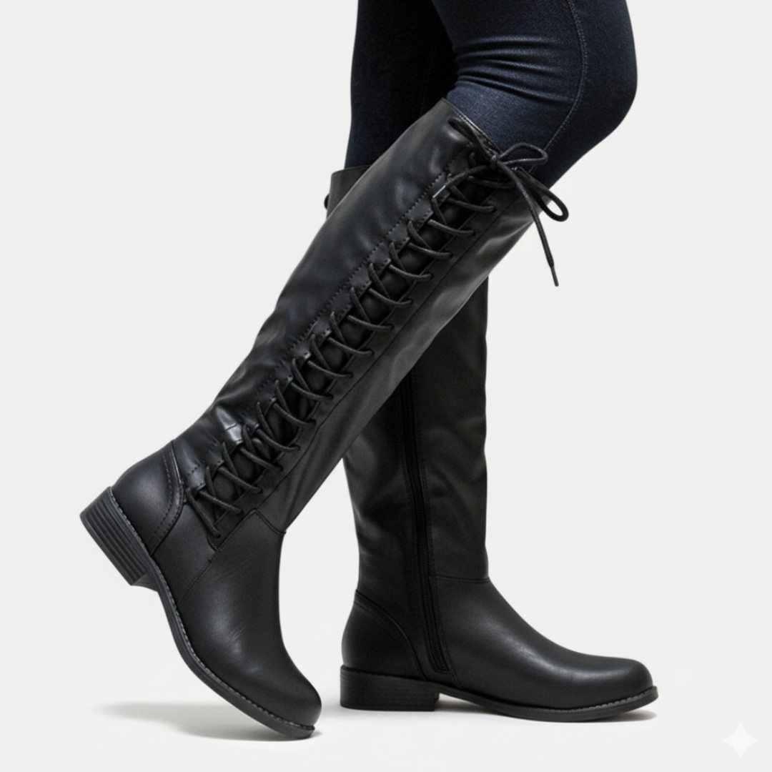 Damen Kniehohe Stiefel Kunstleder Blockabsatz Schwarz - Norvielle