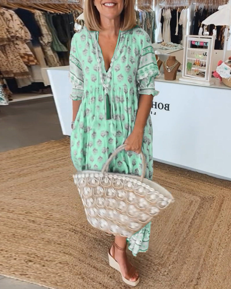 Damen Bedrucktes Sommerkleid V-Ausschnitt Halbärmel