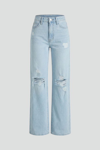 Damen High-Waist Distressed Jeans Weite Bein Schwarz - Norvielle
