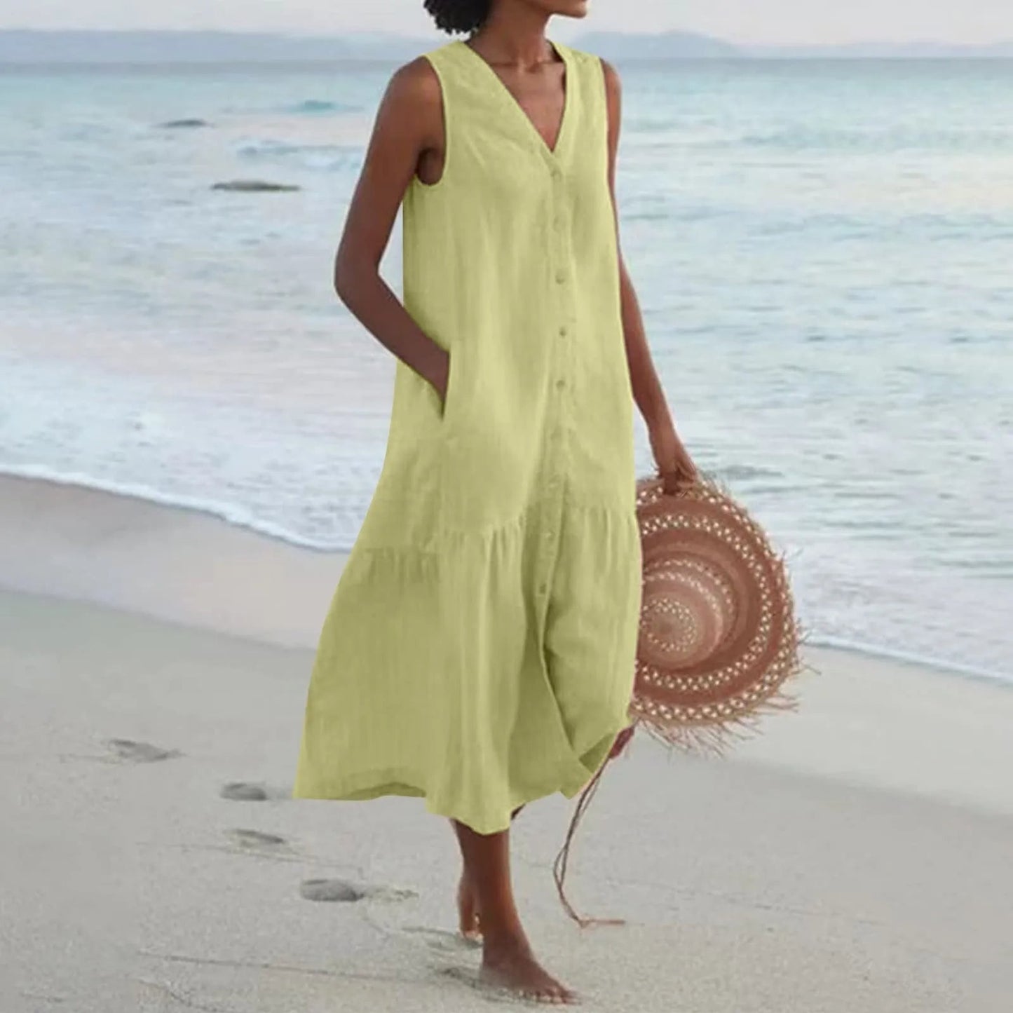Damen Ärmelloses Strandkleid V-Ausschnitt Midi