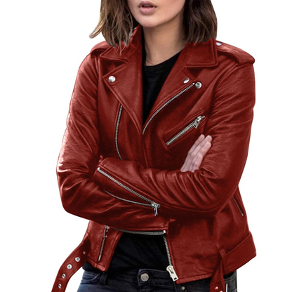 Damen Bikerjacke Leder Gürtel Reißverschluss
