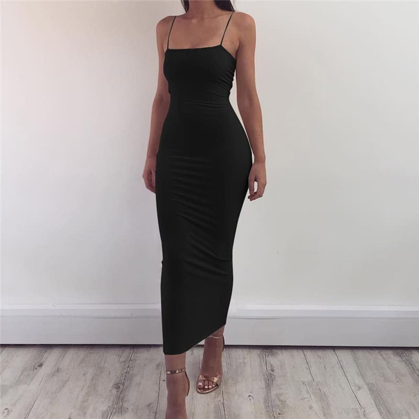 Damen Bodycon Kleid Midi Länge Spaghettiträger Elegant