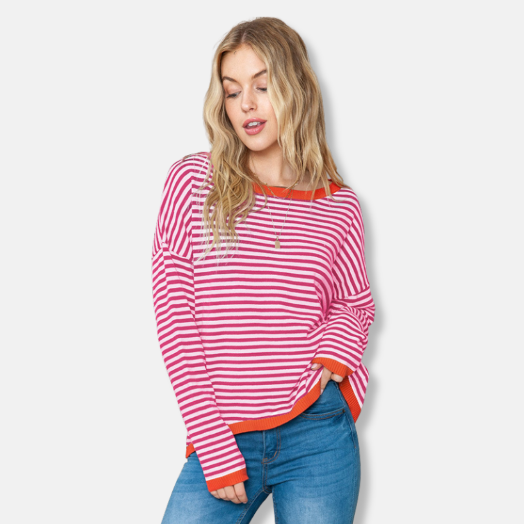 Damen Sweatshirt Gestreift Lockere Passform Baumwolle Lässig Grau