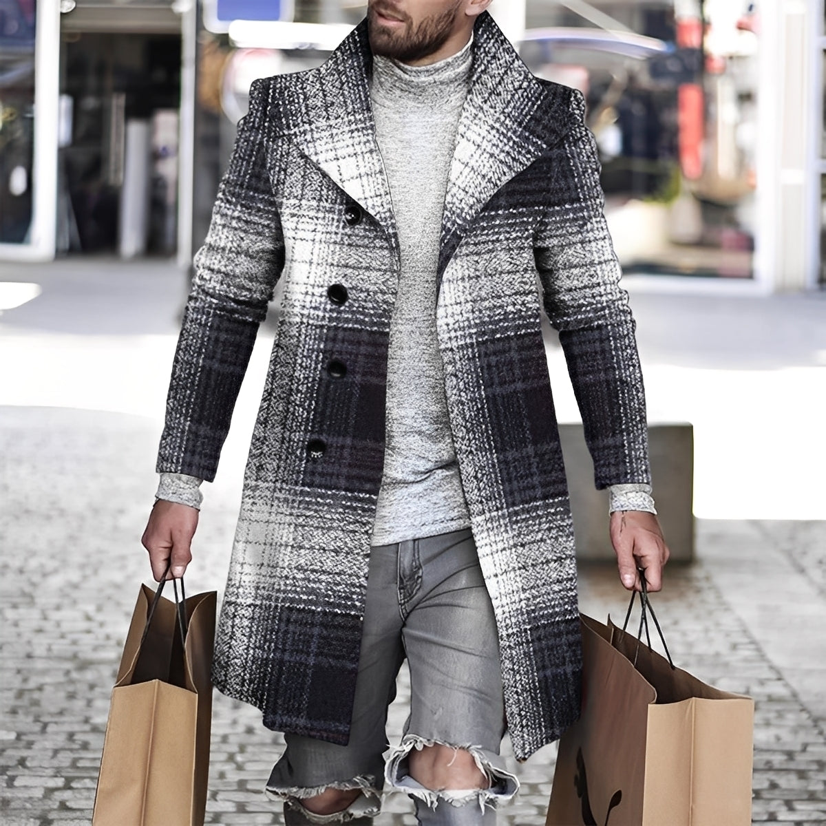 Herren Wollmantel Karomuster Terrystoff