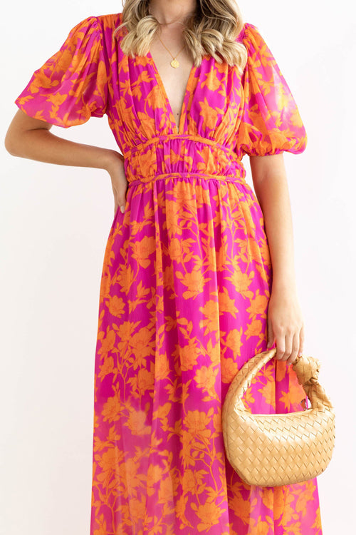 Norvielle Damen Maxi-Kleid Puffärmel Print