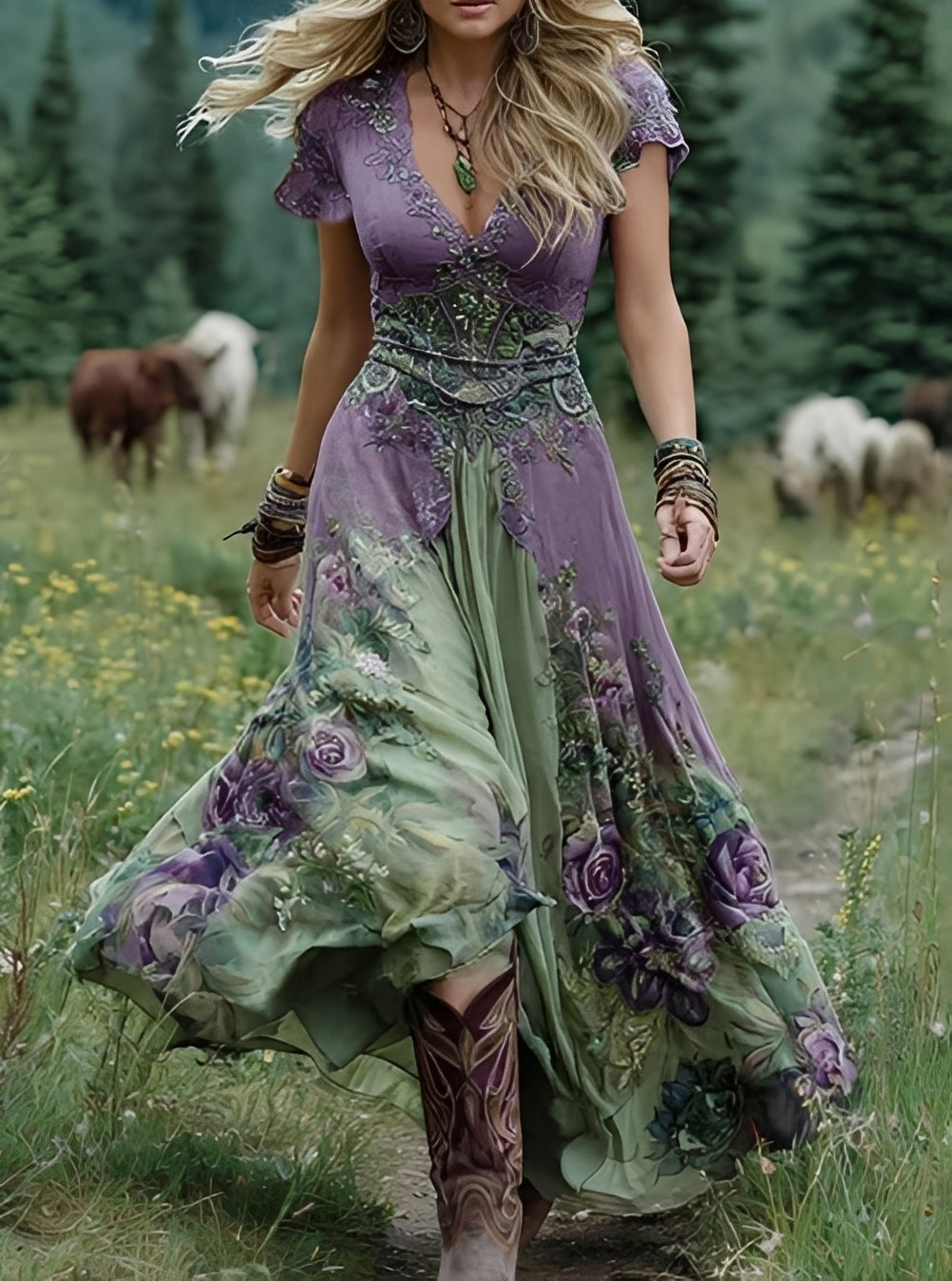 Damen Maxikleid Blumendesign Baumwolle Lang