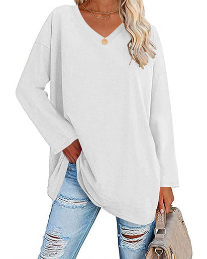 Norvielle Damen Langarm T-Shirt V-Ausschnitt Einfarbig