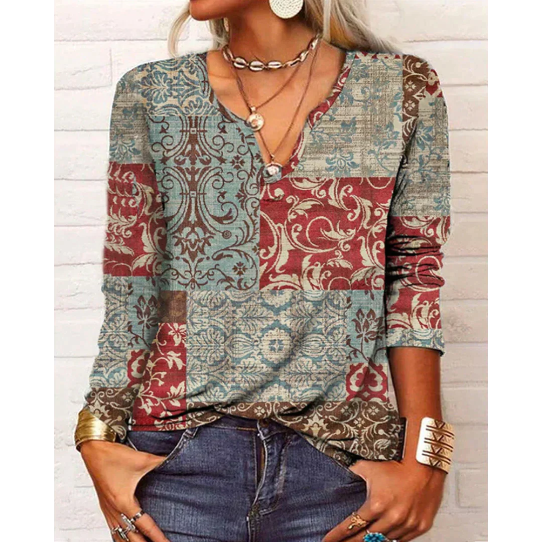 Damen Bluse Boho-Stil Langärmelig V-Ausschnitt Mehrfarbig - Norvielle