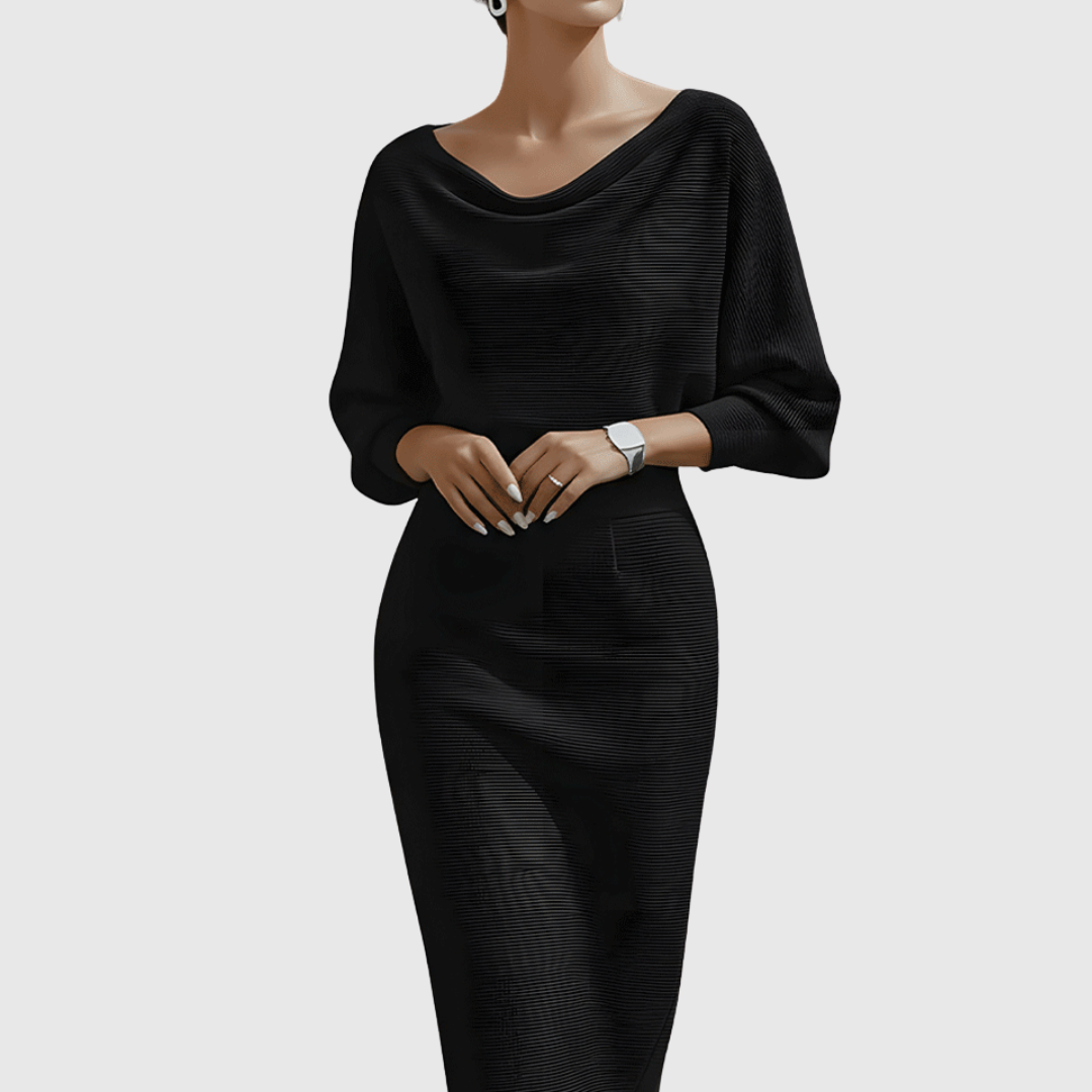 Damen Strick Midi Kleid Elegantes Drapiert Schwarz - Norvielle