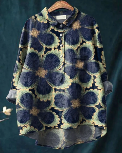 Damen Bluse Floral-Muster Knöpfe