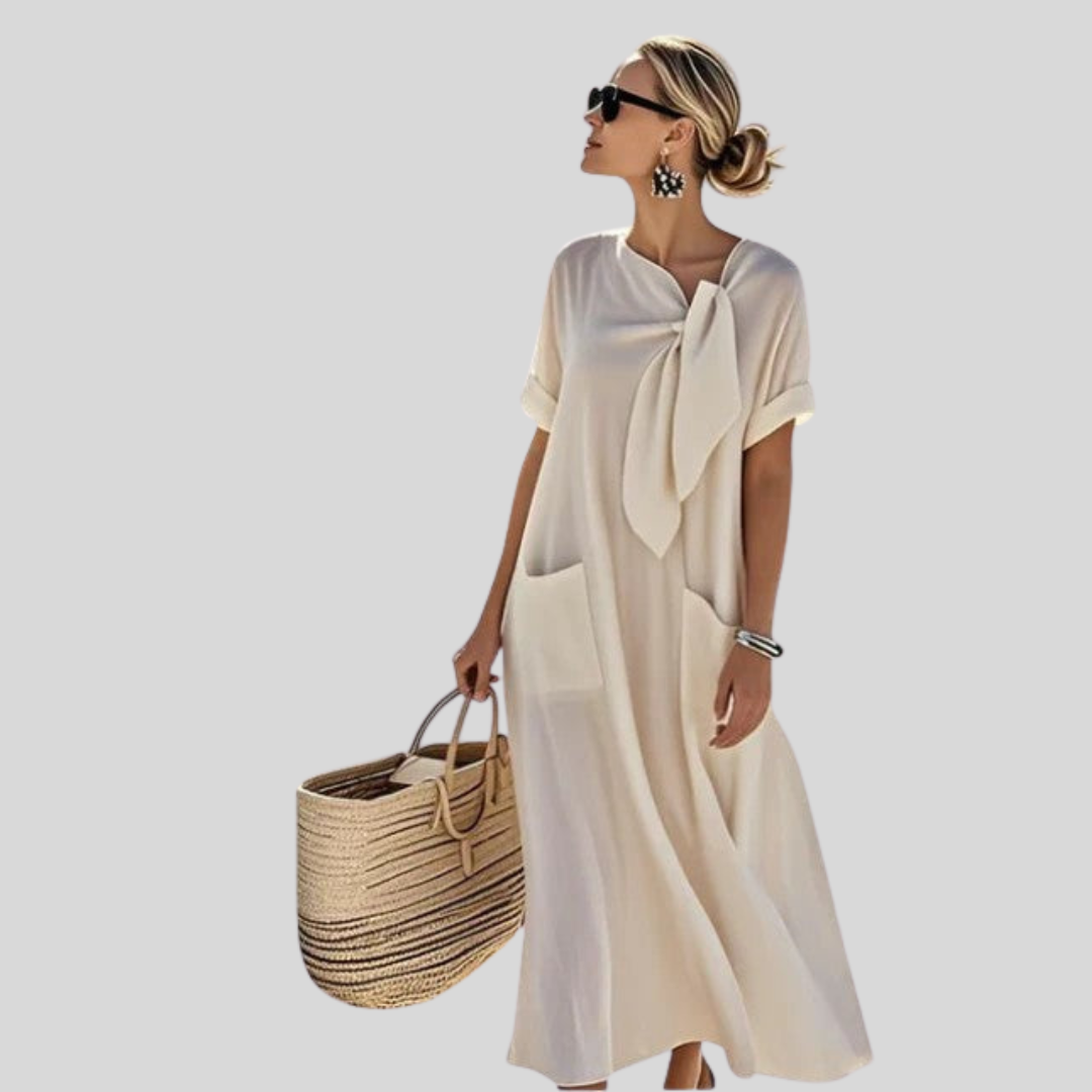 Damen Midi Kleid Mit Bindekragen Leicht Lockeres Design