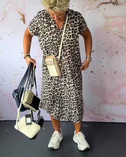 Damen Kleid V-Ausschnitt Leopardenmuster