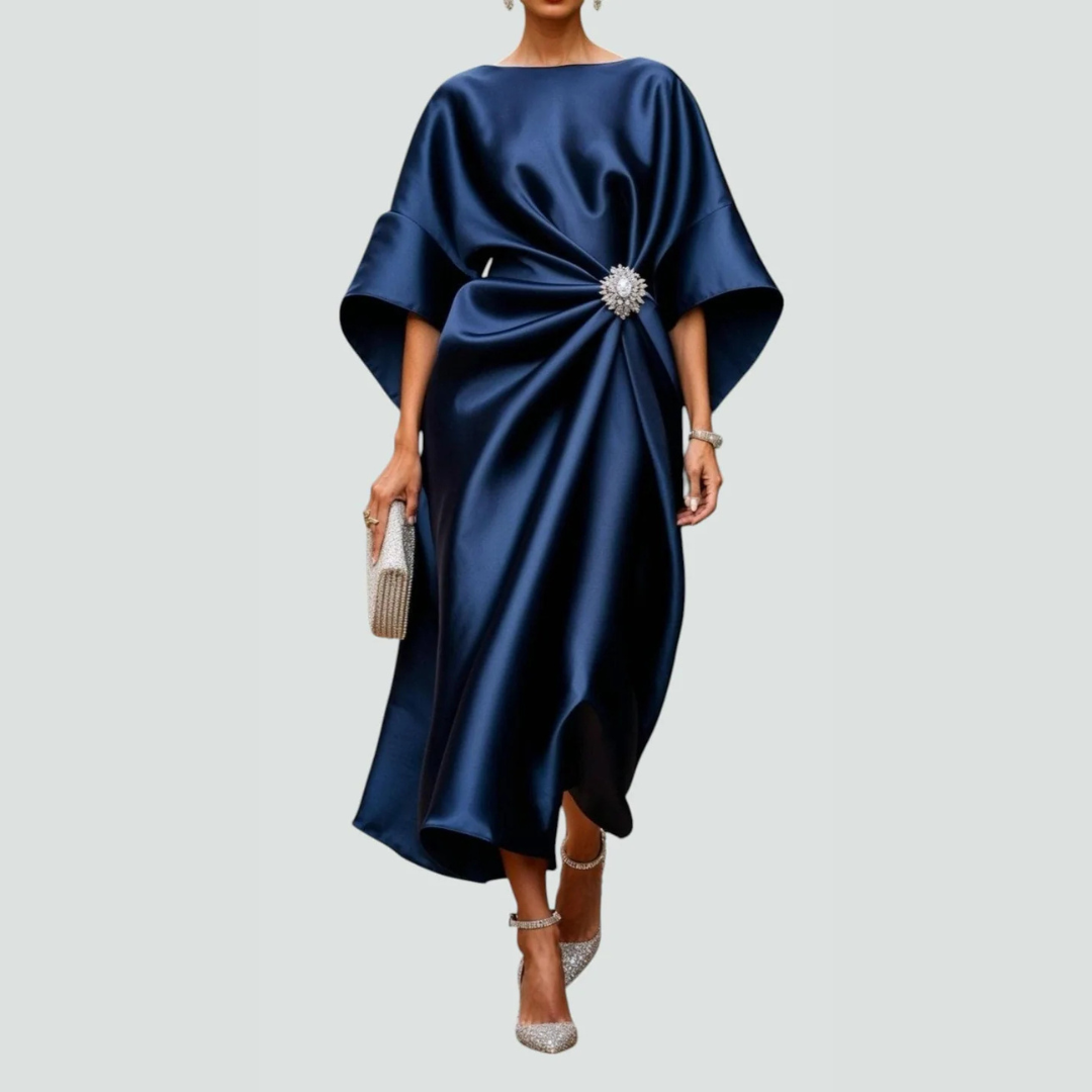 Damen Fledermausärmel Midi Kleid Drapiert Schwarz - Norvielle
