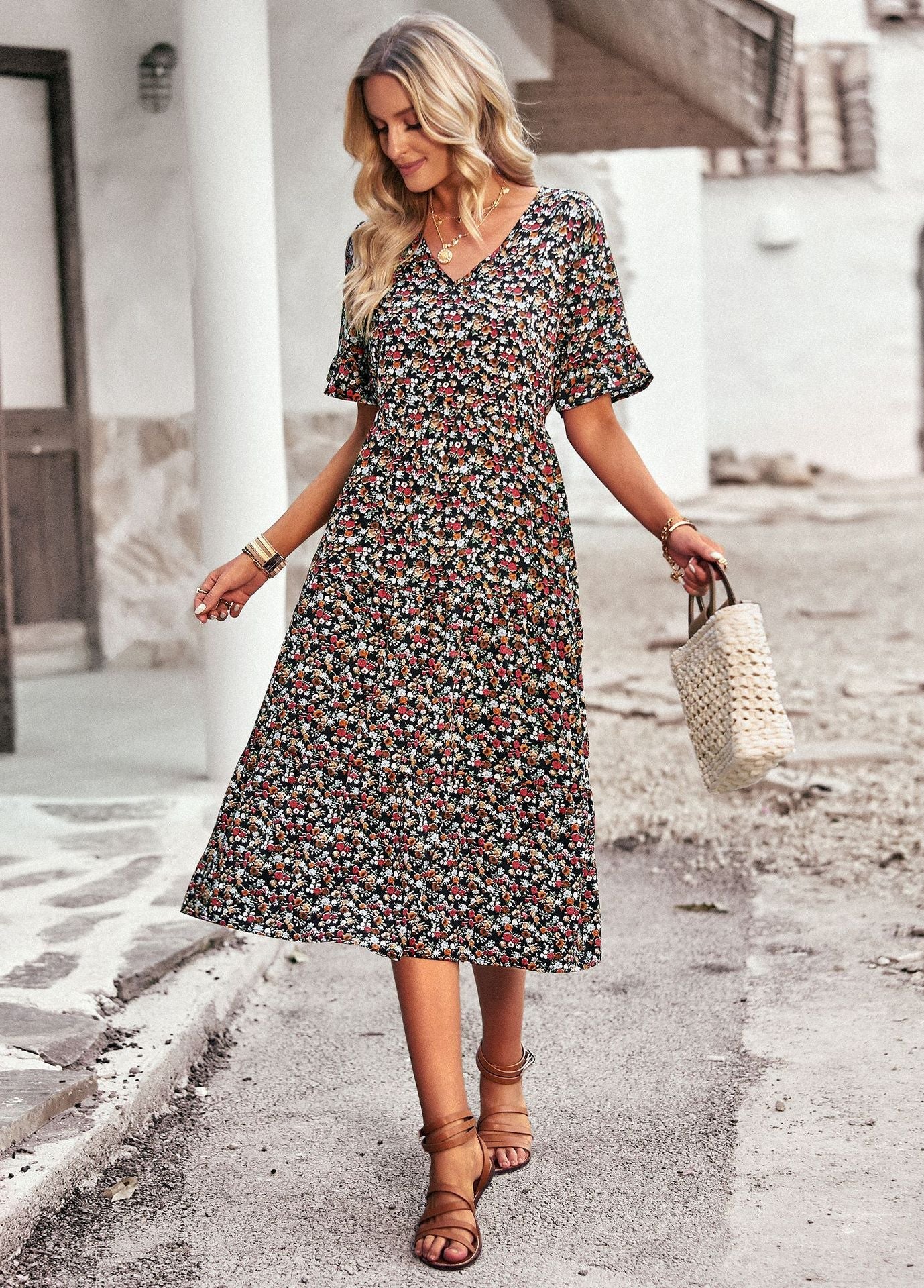 Damen Midikleid Blumenmuster Bequem