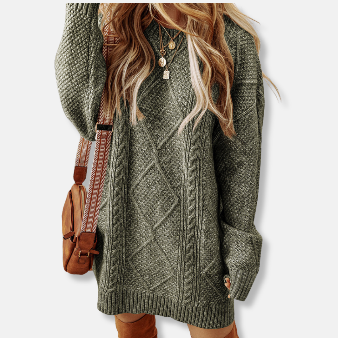 Damen Sweatshirt Kabelstrick Lockere Passform Knielang Langarm Grau