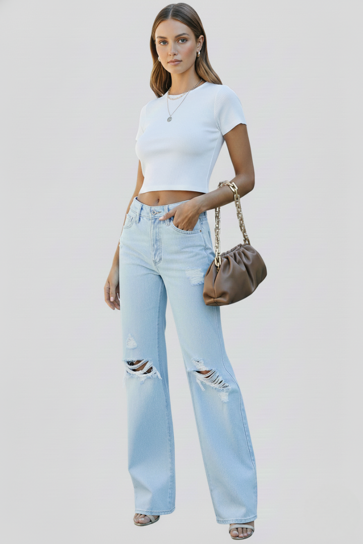 Damen Zerrissene Hochbund Jeans Weit Bein