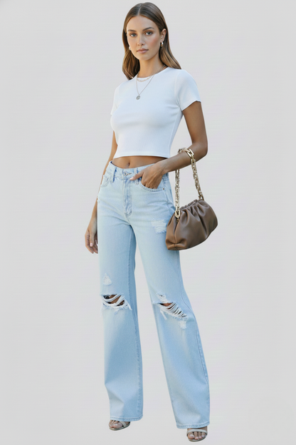 Damen Zerrissene Hochbund Jeans Weit Bein