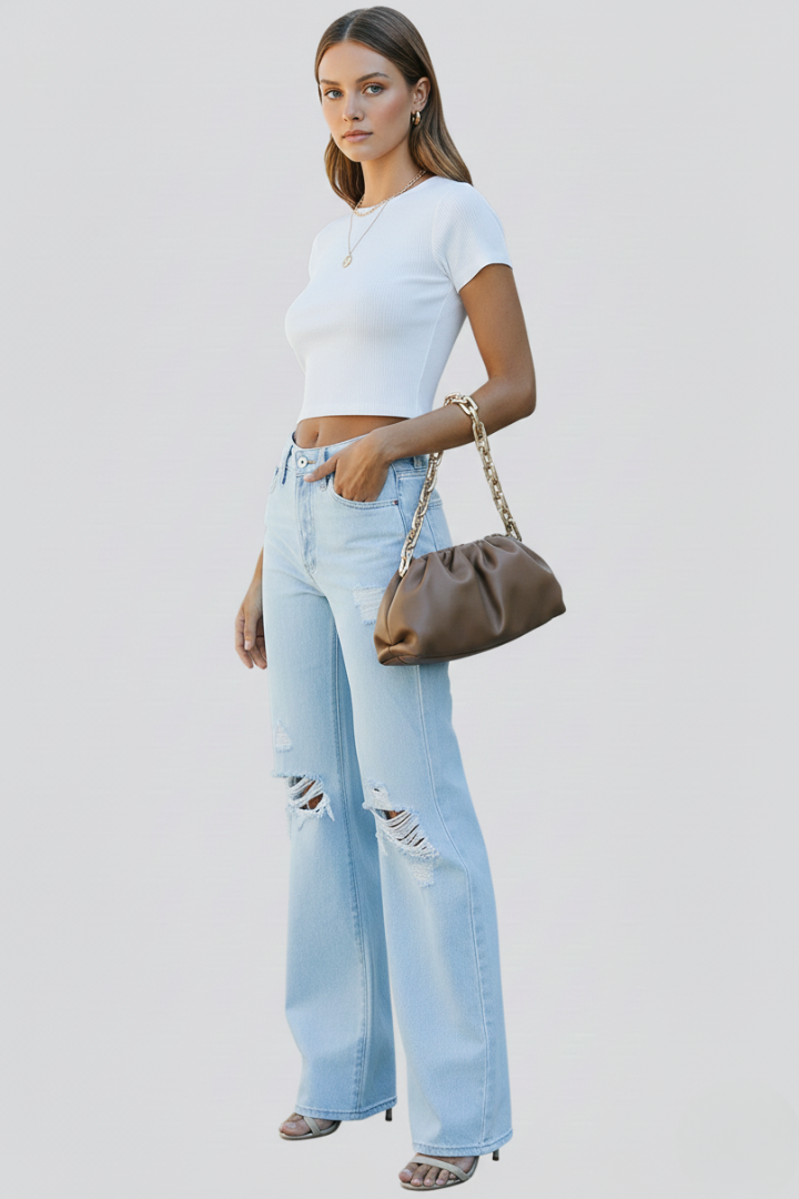 Damen Zerrissene Hochbund Jeans Weit Bein