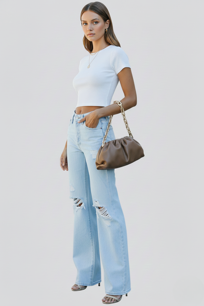 Damen Zerrissene Hochbund Jeans Weit Bein