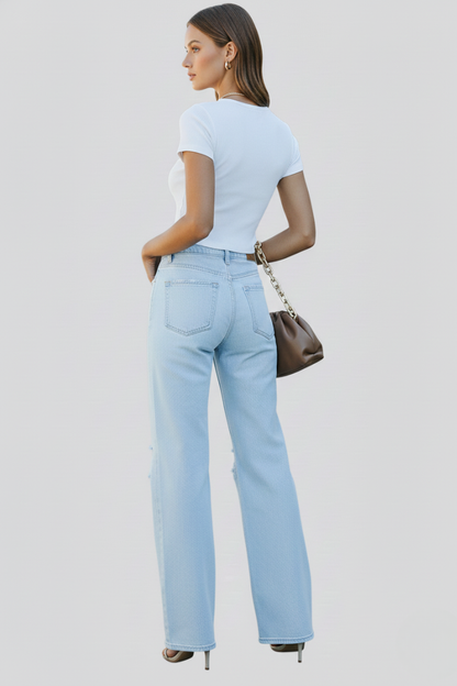 Damen Zerrissene Hochbund Jeans Weit Bein