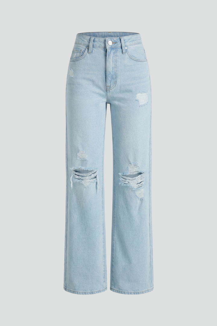 Damen Zerrissene Hochbund Jeans Weit Bein Schwarz - Norvielle