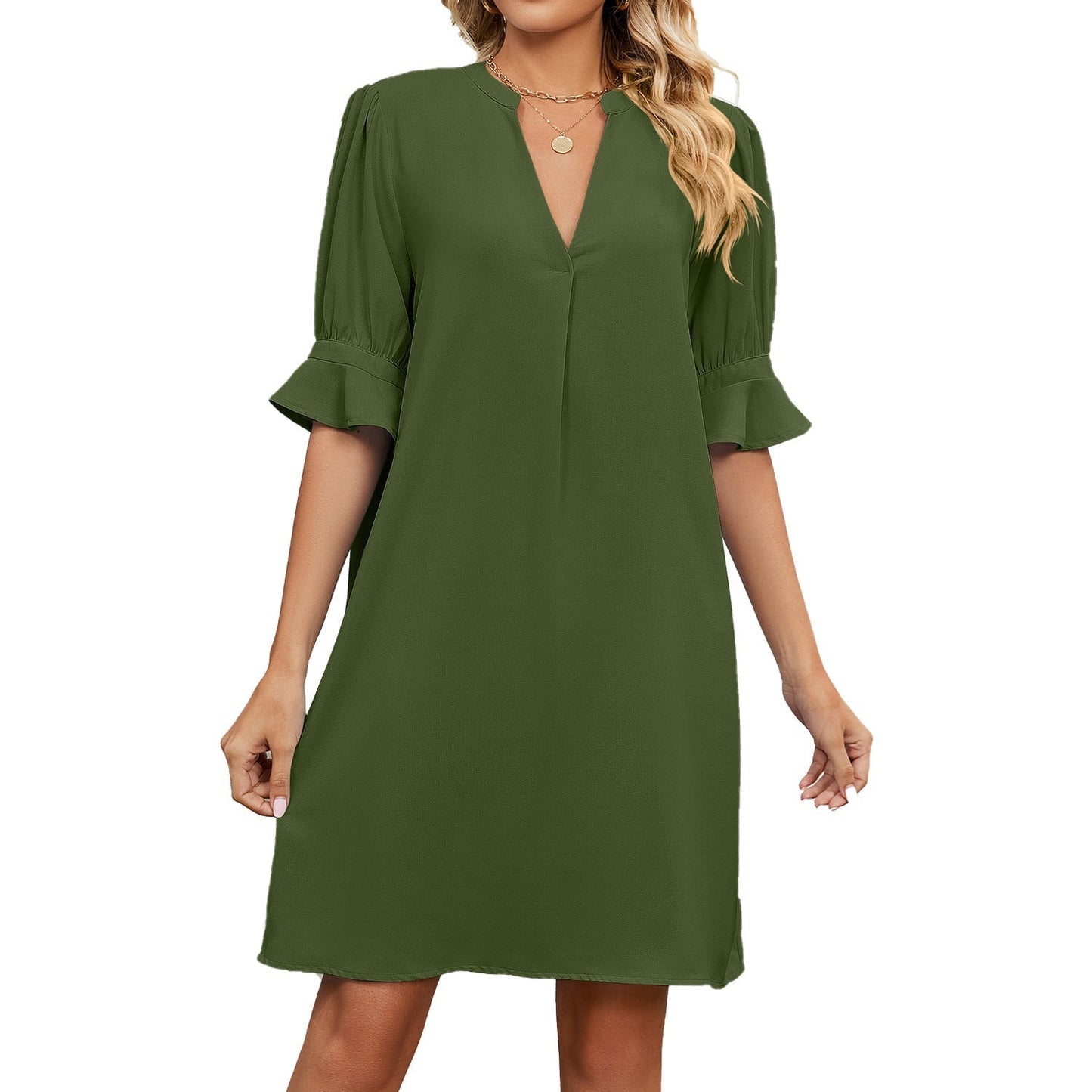 Damen Kleid V-Ausschnitt Luftig Elegantes Alltagskleid