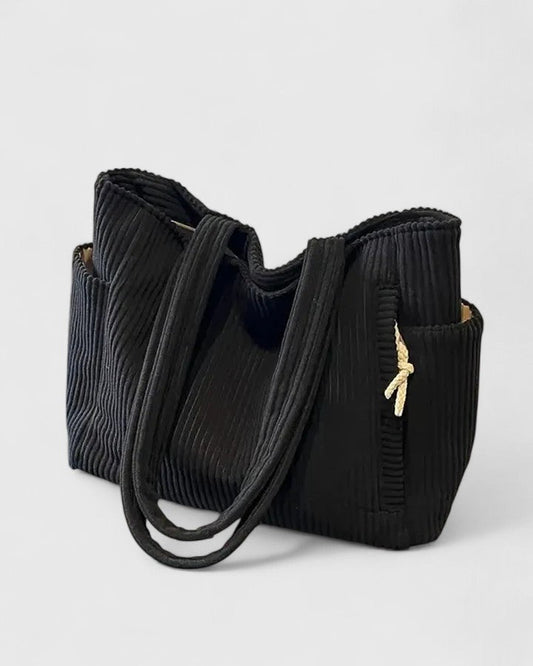 Damen Handtasche Rippstoff Leder Schwarz - Norvielle