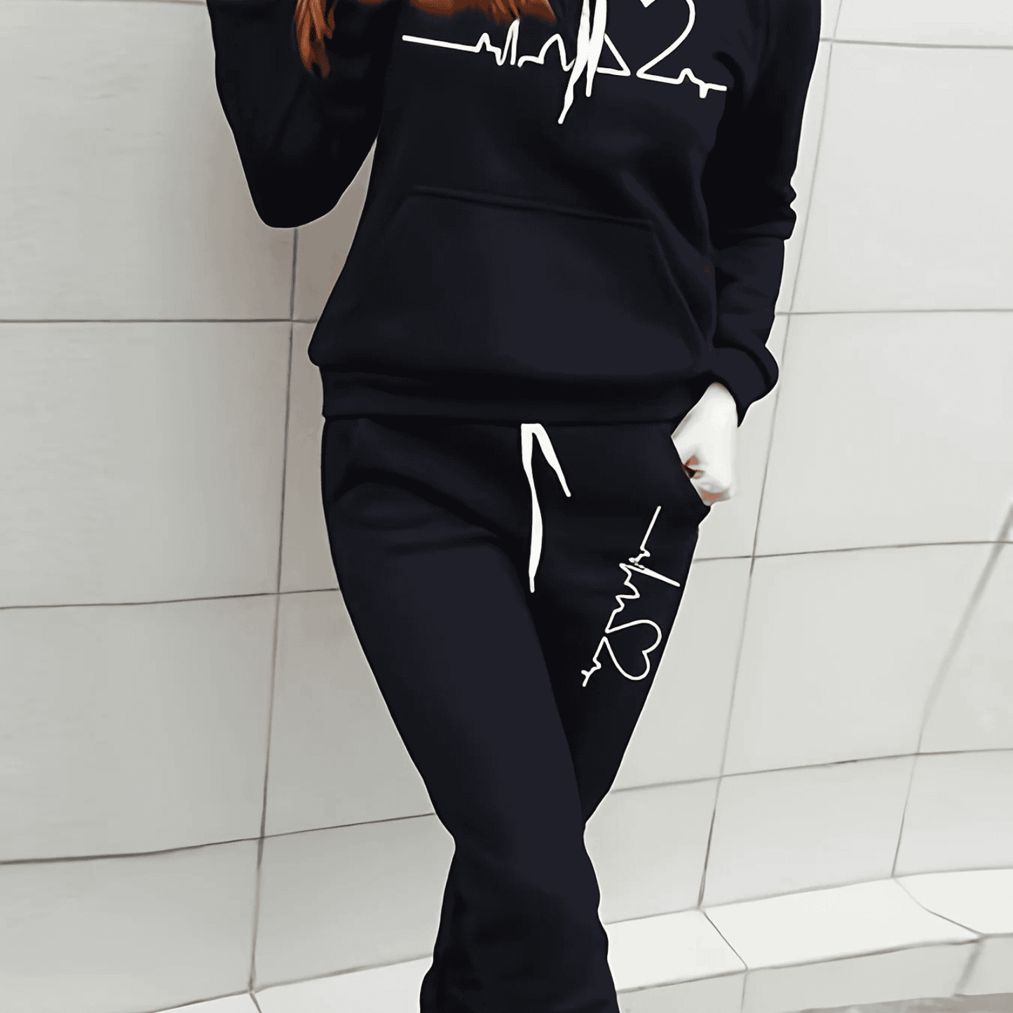 Damen Winter Hoodie Jogginghose Set Herzsmotiv
