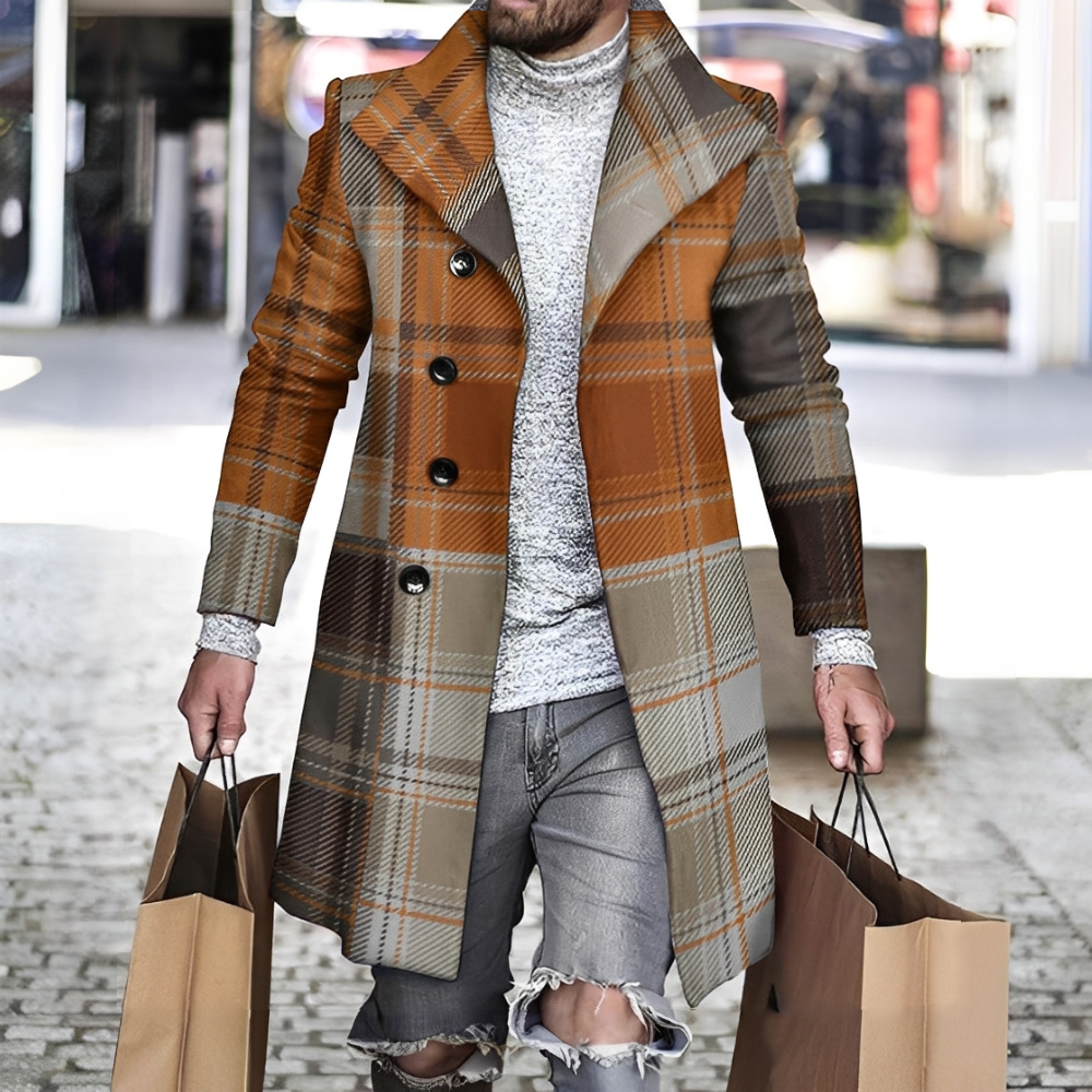 Herren Wollmantel Karomuster Terrystoff Schwarz - Norvielle
