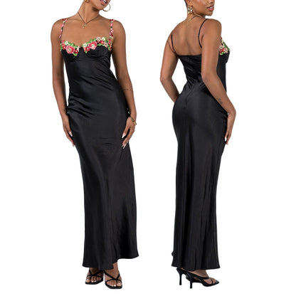 Damen Maxikleid Blumenstickerei Baumwolle Mehrfarbig