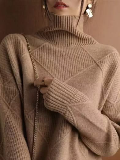 Norvielle Damen Rollkragenpullover 3D Rhombus Muster