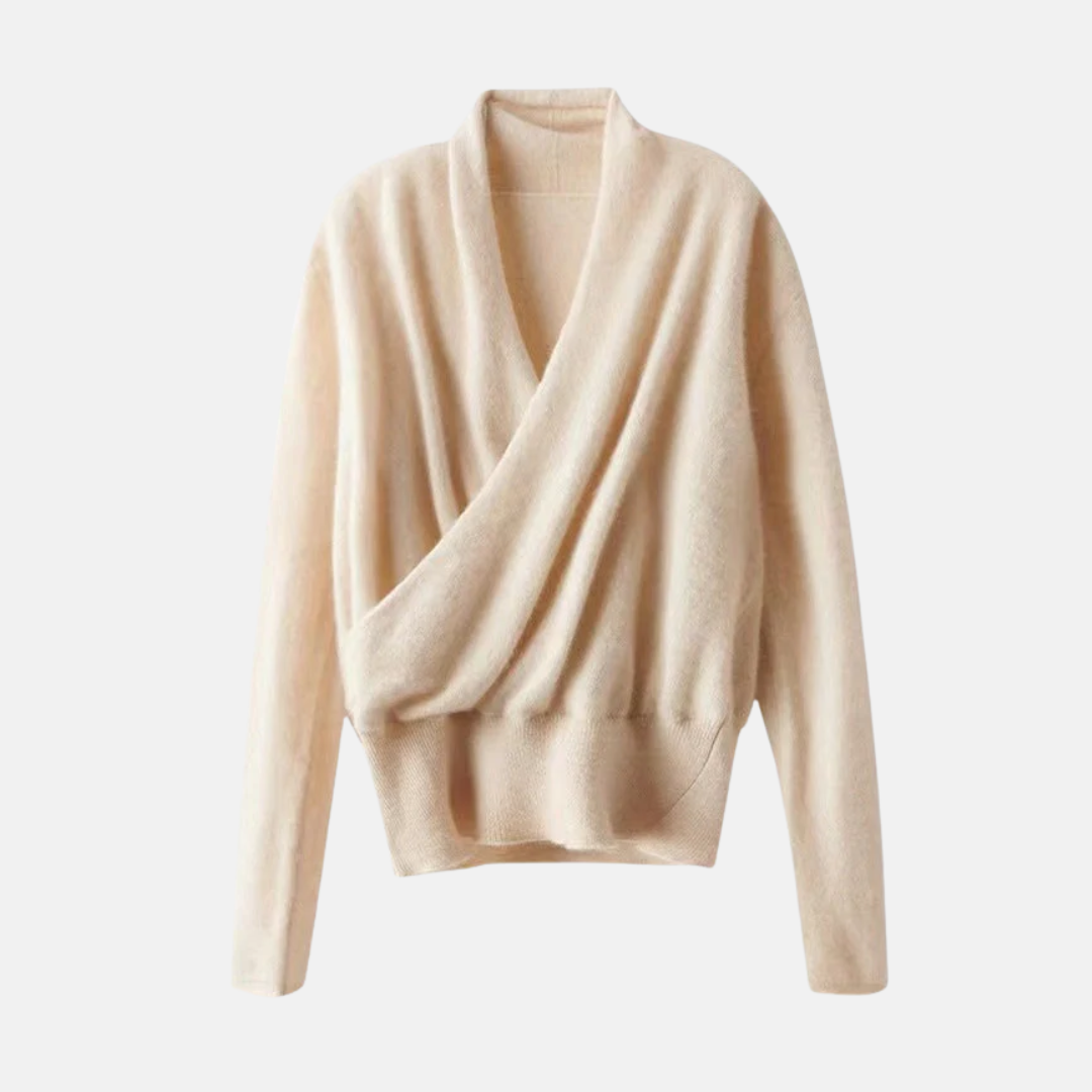 Damen Wickelpullover Weiches Strickmaterial Gerippter Bund Langarm