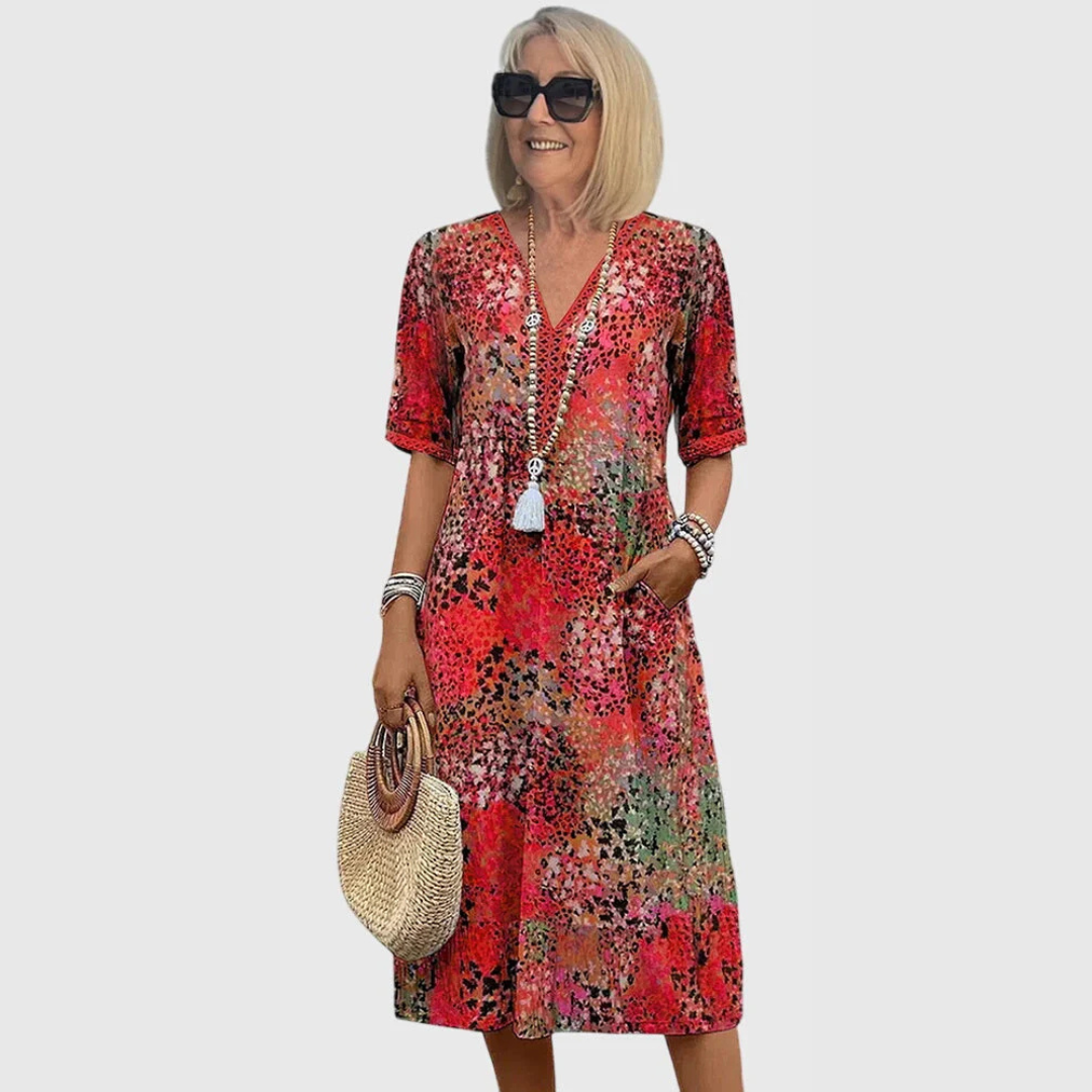 Damen V-Ausschnitt Midi Kleid Bedruckt