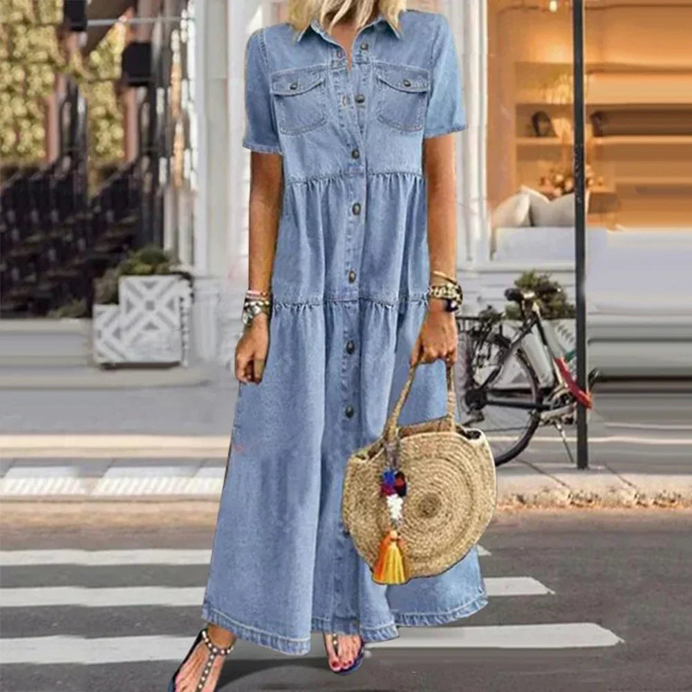 Norvielle Damen Maxi-Jeanskleid