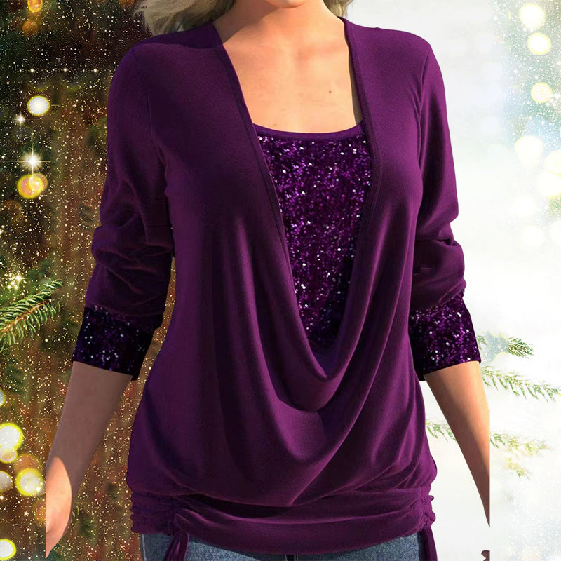 Damen Bluse Langarm Pailletten Elegante Weiss