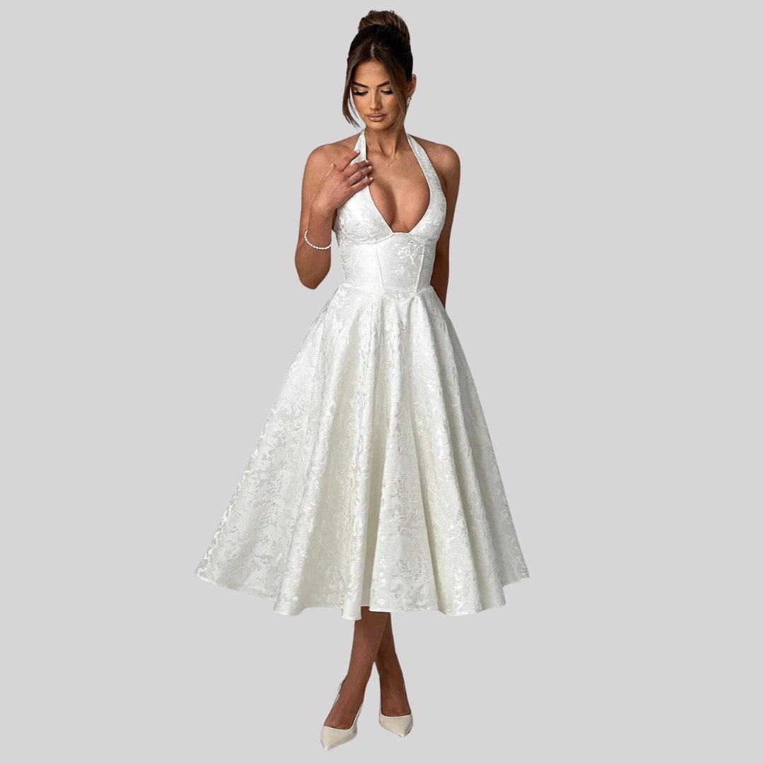 Damen Hochzeitsgastkleid Neckholder Midikleid