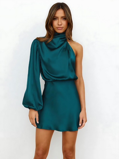 Damen Asymmetrisches Satinkleid Stehkragen Elegantes