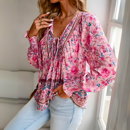 Damen Bluse mit Schleifenkragen und weiten Ärmeln Blumenmuster
