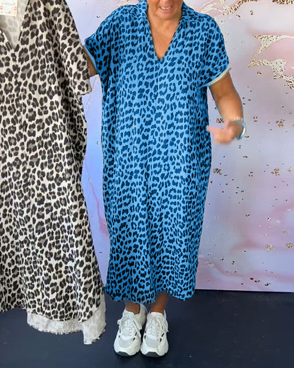 Damen Kleid V-Ausschnitt Leopardenmuster