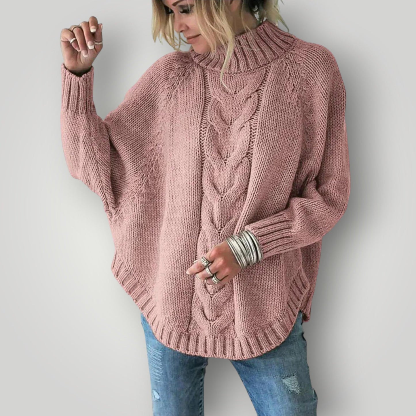 Damen Rollkragenpullover Strick Weich Grau