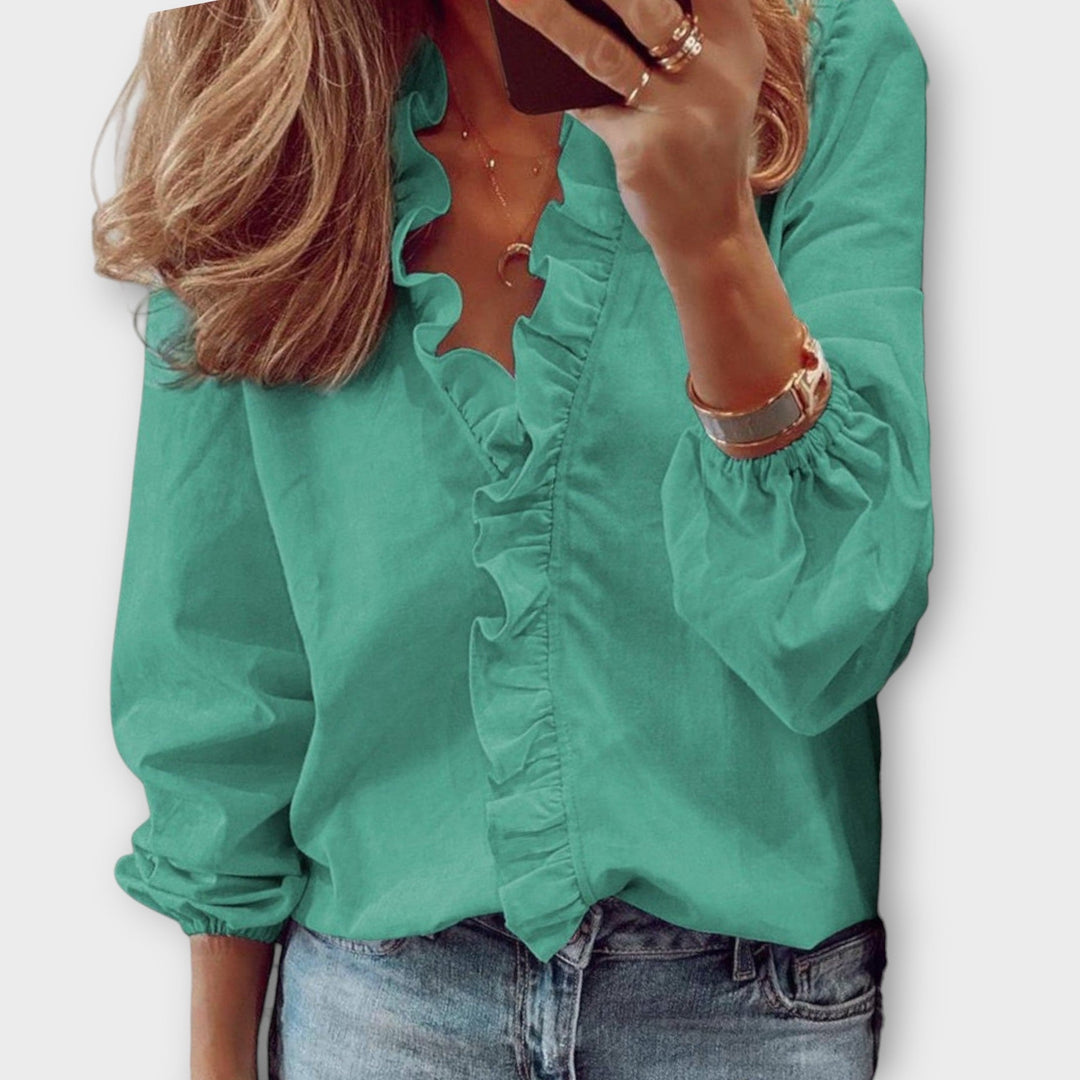 Damen Bluse Rüschen V-Ausschnitt Langarm Bluse Weiße Bluse