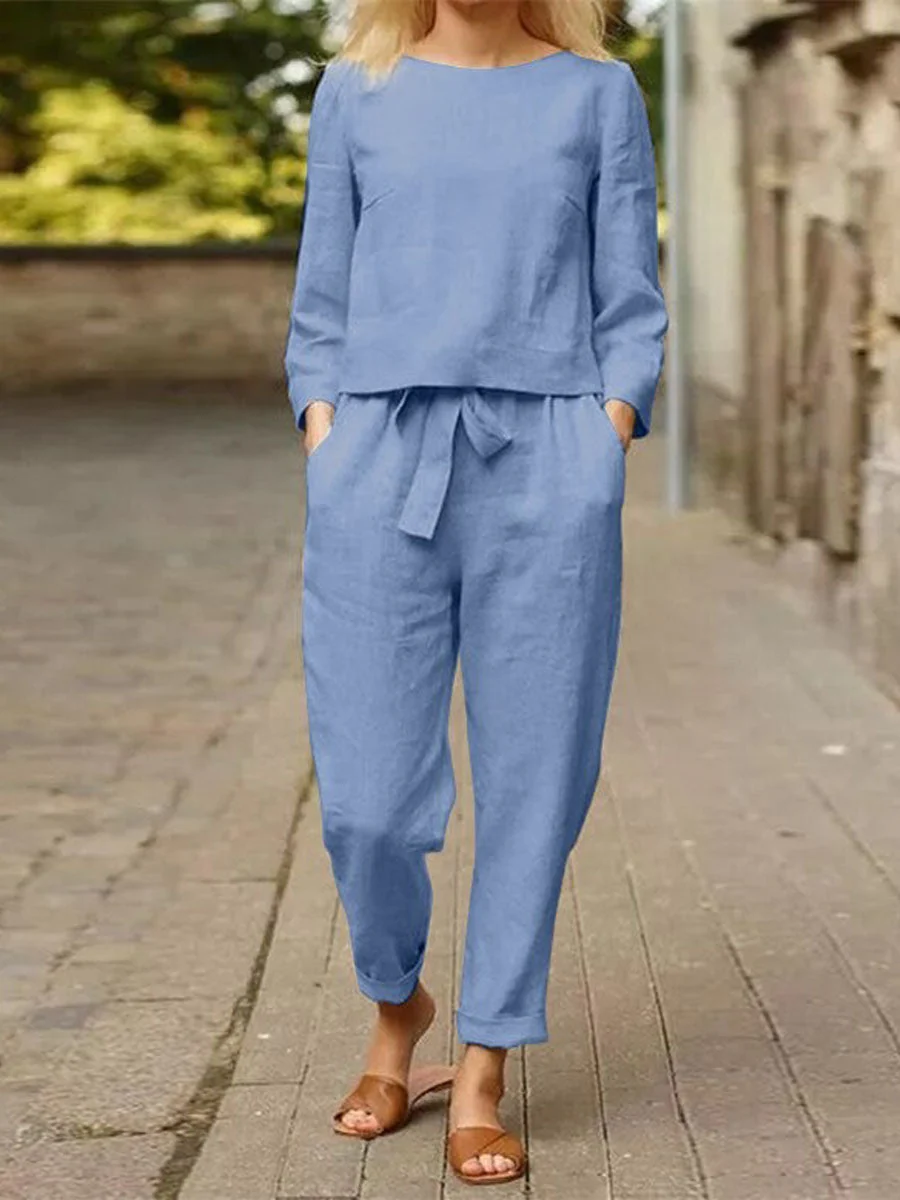Damen Freizeit-Set Langärmliges Oberteil Gürtelhose