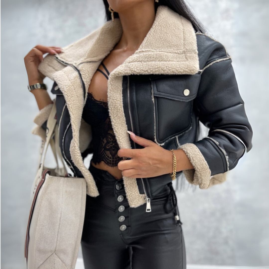 Damen Bikerjacke Kurz Leder Reißverschluss