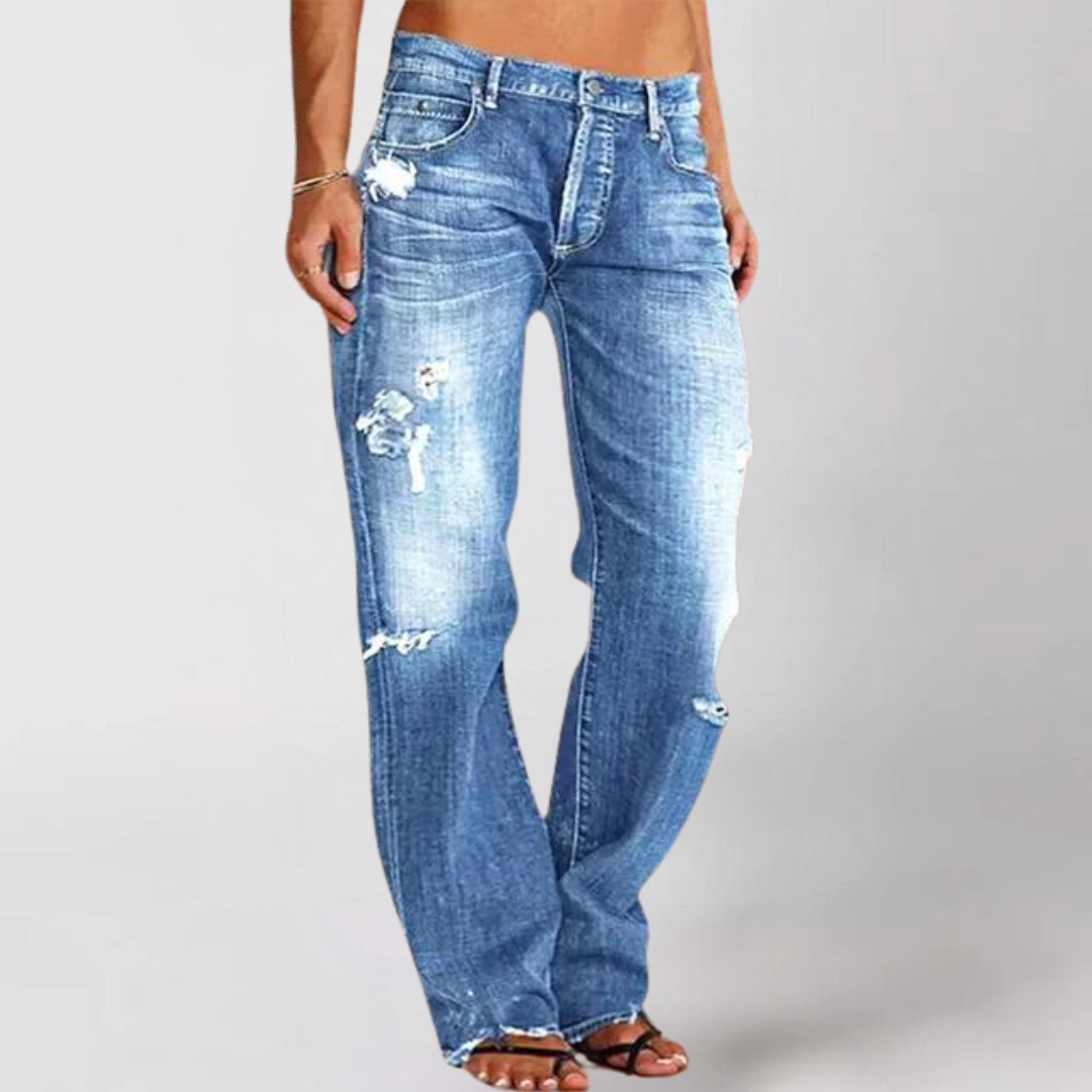 Damen High-Waist Straight Jeans Destroyed dunkelblau - Norvielle