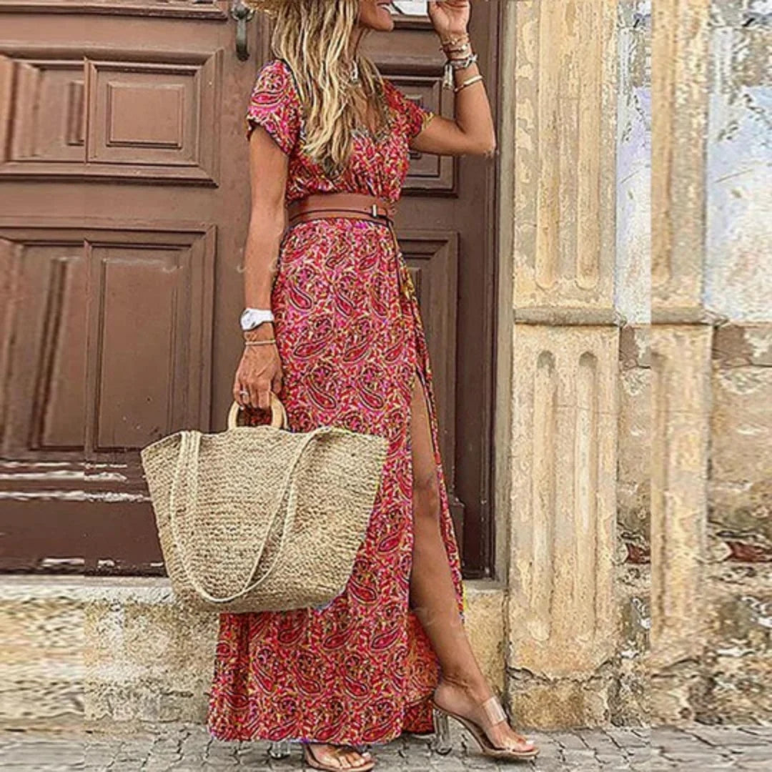 Damen Maxikleid Boho Blumenmuster V-Ausschnitt