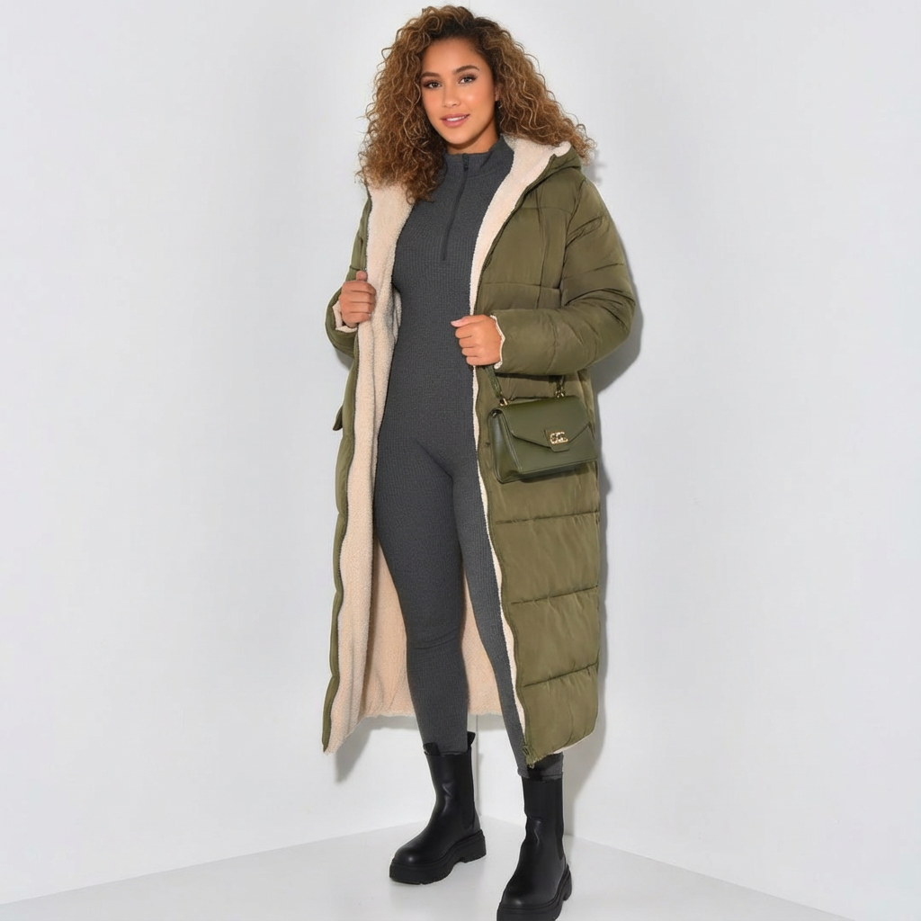 Damen Wendjacke Teddyfutter Lang Schwarz - Norvielle