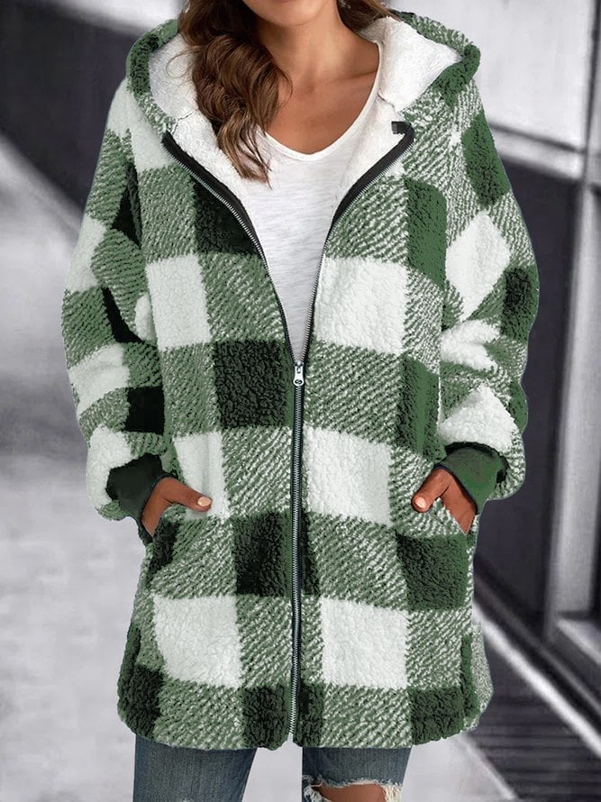 Damen Karierte Fleece Kapuzenjacke Weich weiß