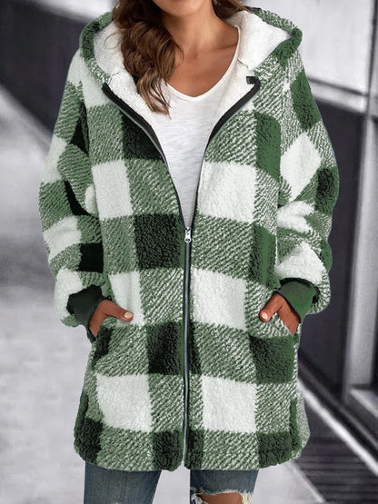 Damen Karierte Fleece Kapuzenjacke Weich weiß
